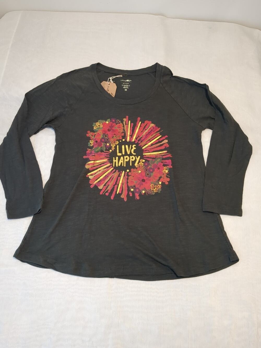 NWT Natural Life Women's M Dark Gray Multi Color Flowers Ladies Graphic Boho Top